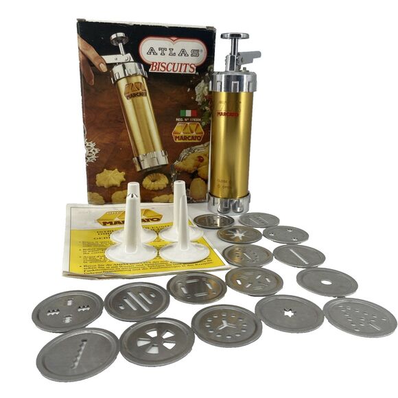 Marcato Atlas Cookie Press Gold Metal Italy 16 Discs 4 Tips Instructions Recipes - Picture 1 of 10